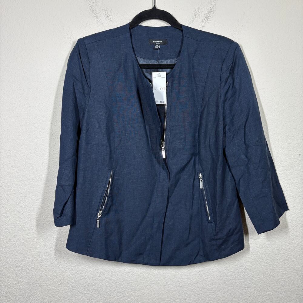 Premise Petites Women Size 8 Venice Full Zip Blazer Navy Blaze Moto Linen Blend